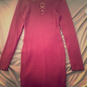 Burgundy dress with gold hoops